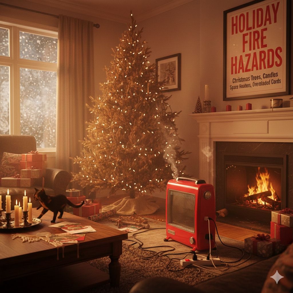 A living room scene overloaded with fire hazards: a space heater plugged into a daisy-chained power strip near a dry Christmas tree, candles on a low table, and a burning fireplace. A stark poster reads 'HOLIDAY FIRE HAZARDS'