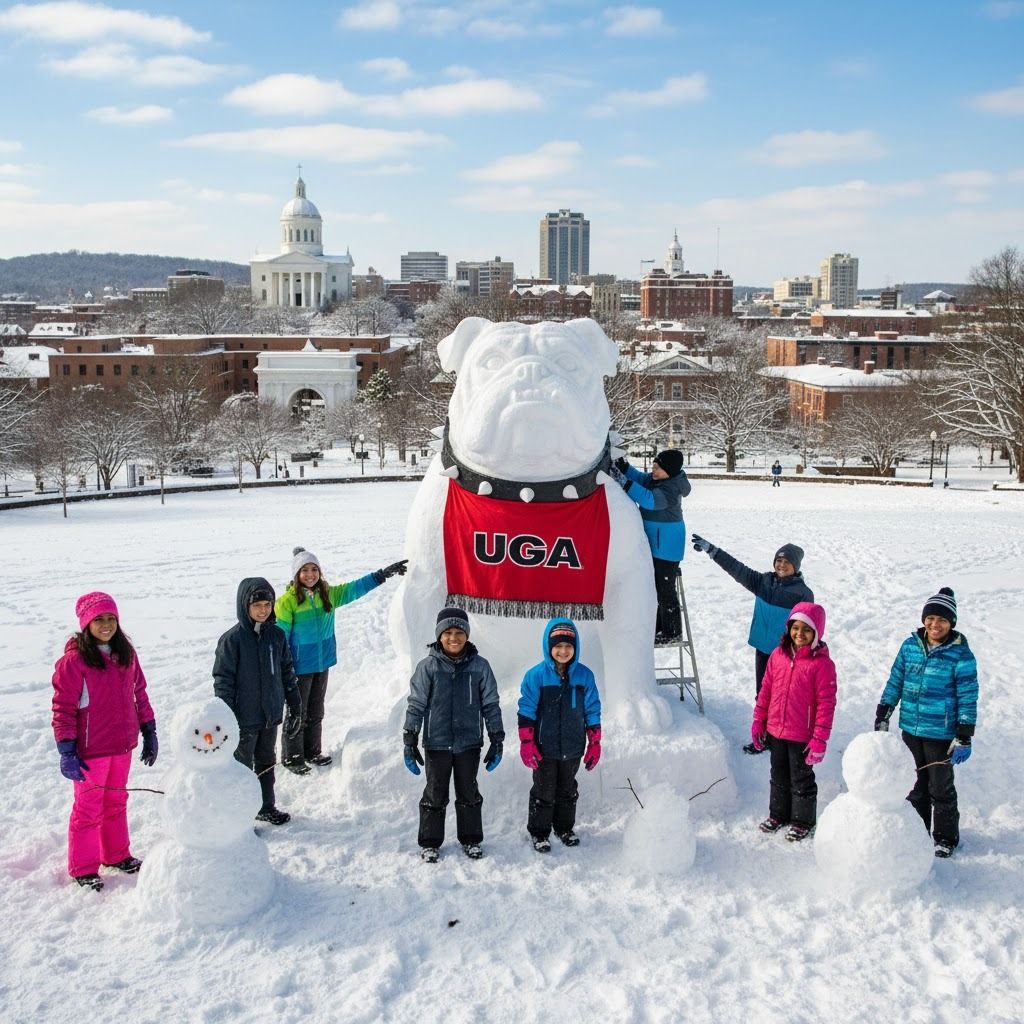 A snowy day in Athens, Georgia with the city skyline in the background, featuring local children building a giant Uga the bulldog mascot out of snow.