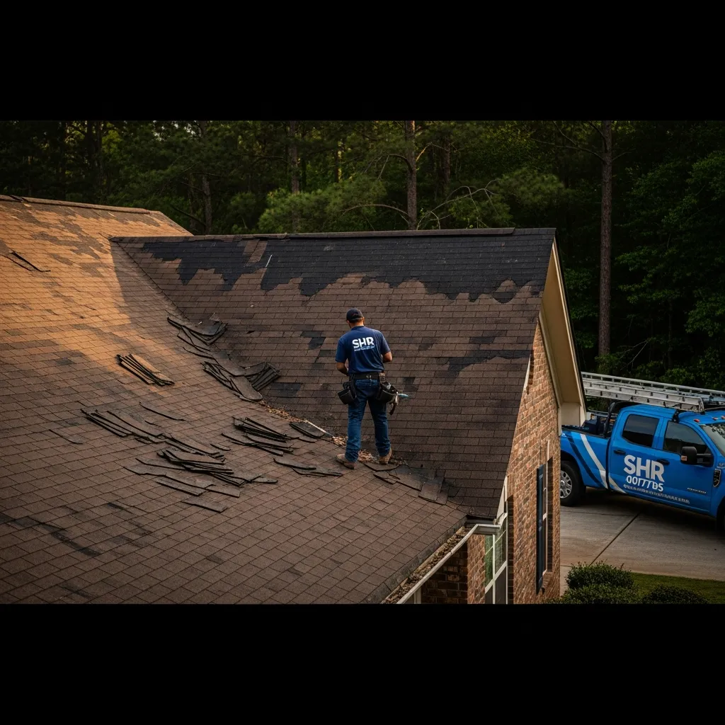 Damaged roof in Athens, GA highlighting a common roofing repair issue handled by Smart Home Repair.