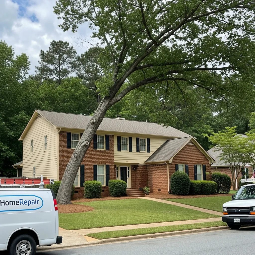 Tree leaning dangerously towards an Athens, GA home, highlighting the need for tree removal by Smart Home Repair.