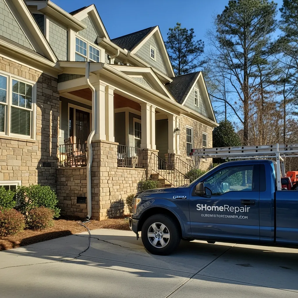 Foundation cracks visible on a craftsman home in Athens, GA, a Smart Home Repair truck parked in the driveway.