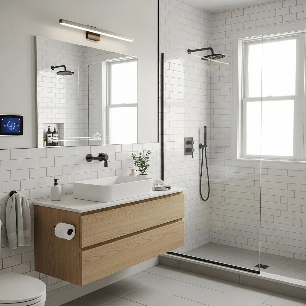 Modern bathroom in Athens, GA with newly installed subway tile by Smart Home Repair, featuring smart home controls.