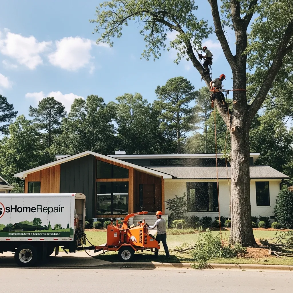 Smart Home Repair crew removing a tree at a modern Athens, GA home.