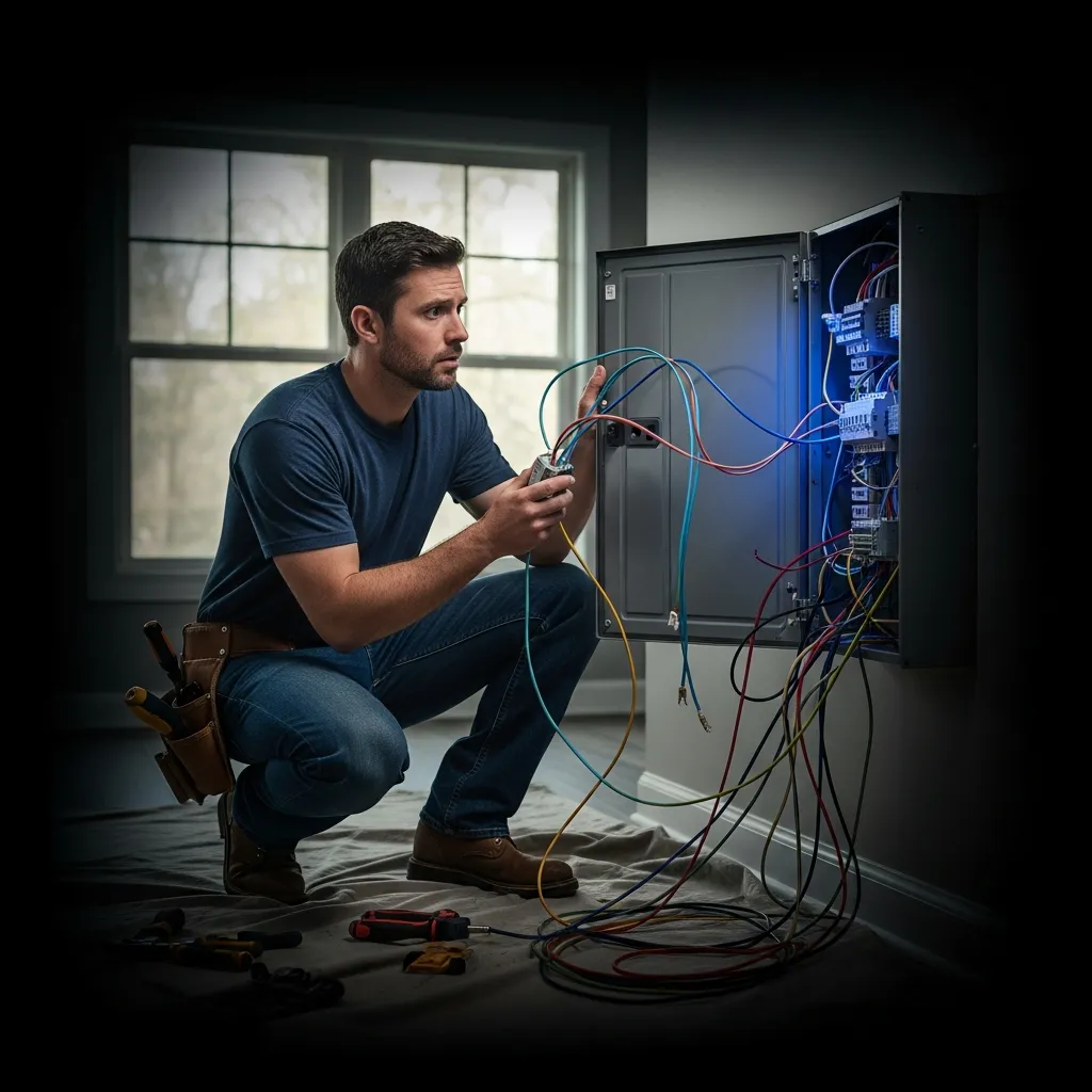 DIY electrical panel installation hazard in Athens, GA. Smart Home Repair electrician inspecting unsafe wiring.