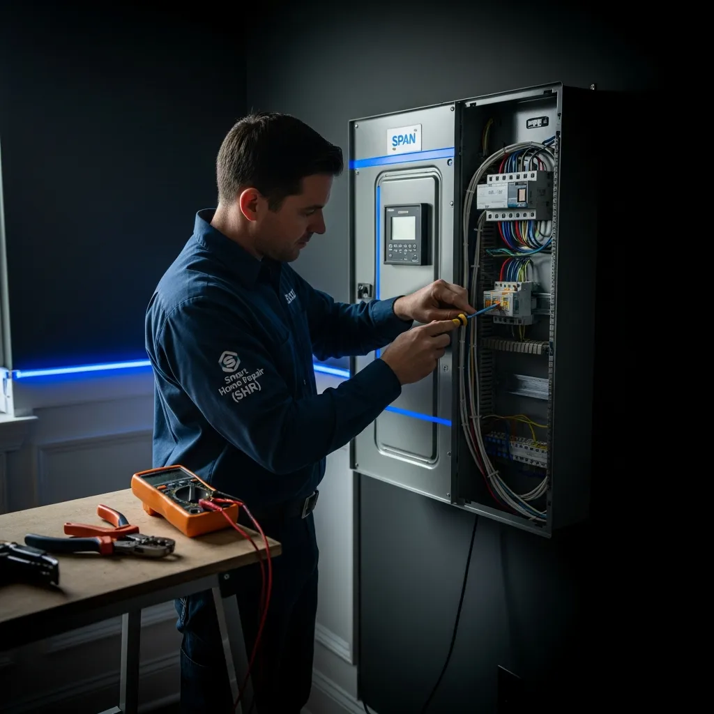 Professional electrician installing a smart electrical panel in an Athens, GA home by Smart Home Repair.