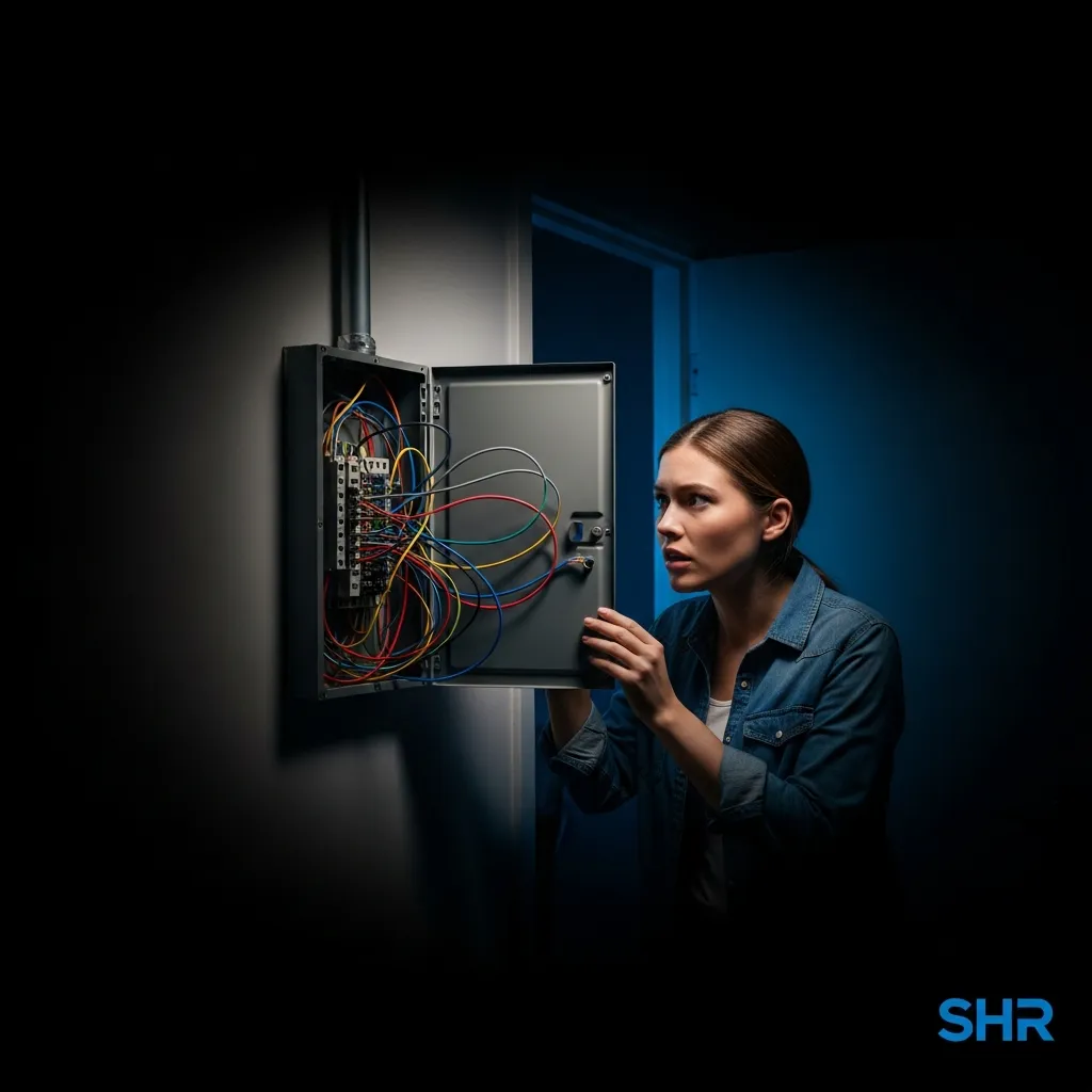 Homeowner nervously looking at an open electrical panel - DIY electrical panel installation is a bad idea.
