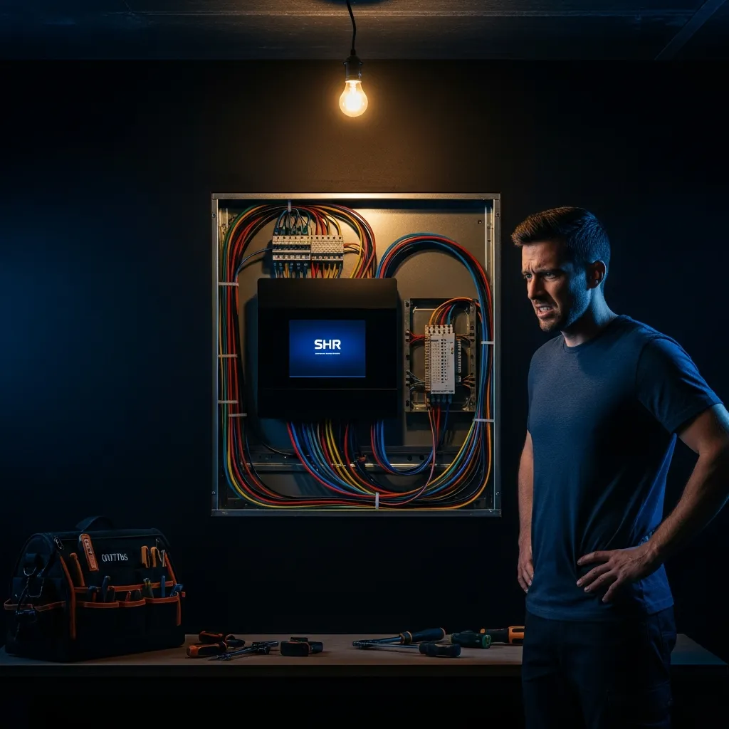 Frustrated homeowner with a partially installed electrical panel, emphasizing the dangers of DIY electrical work in Athens, GA.