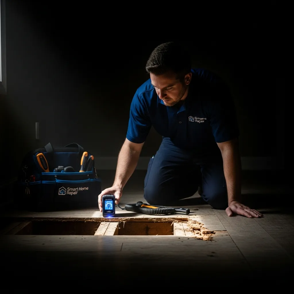 Smart Home Repair tech inspecting a damaged subfloor in Athens, GA.