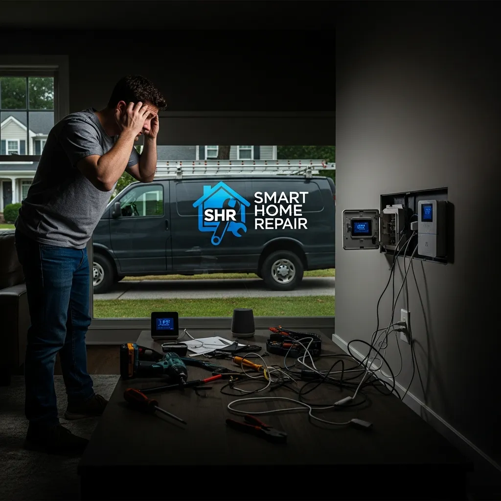 Stressed homeowner in Athens, GA, during a DIY project, with Smart Home Repair van arriving.