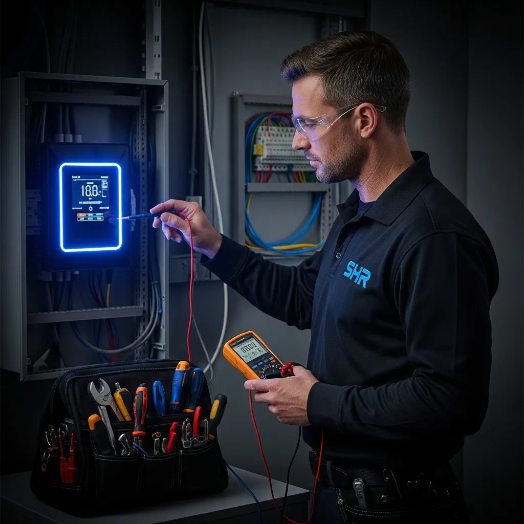 Electrician inspecting a smart electrical panel in Athens, GA by Smart Home Repair.
