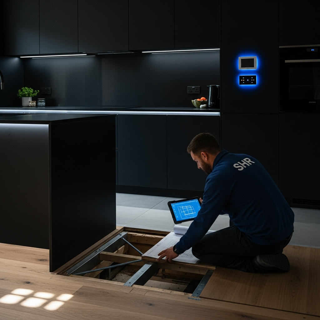 Smart Home Repair technician inspecting smart home subfloor in Athens, GA