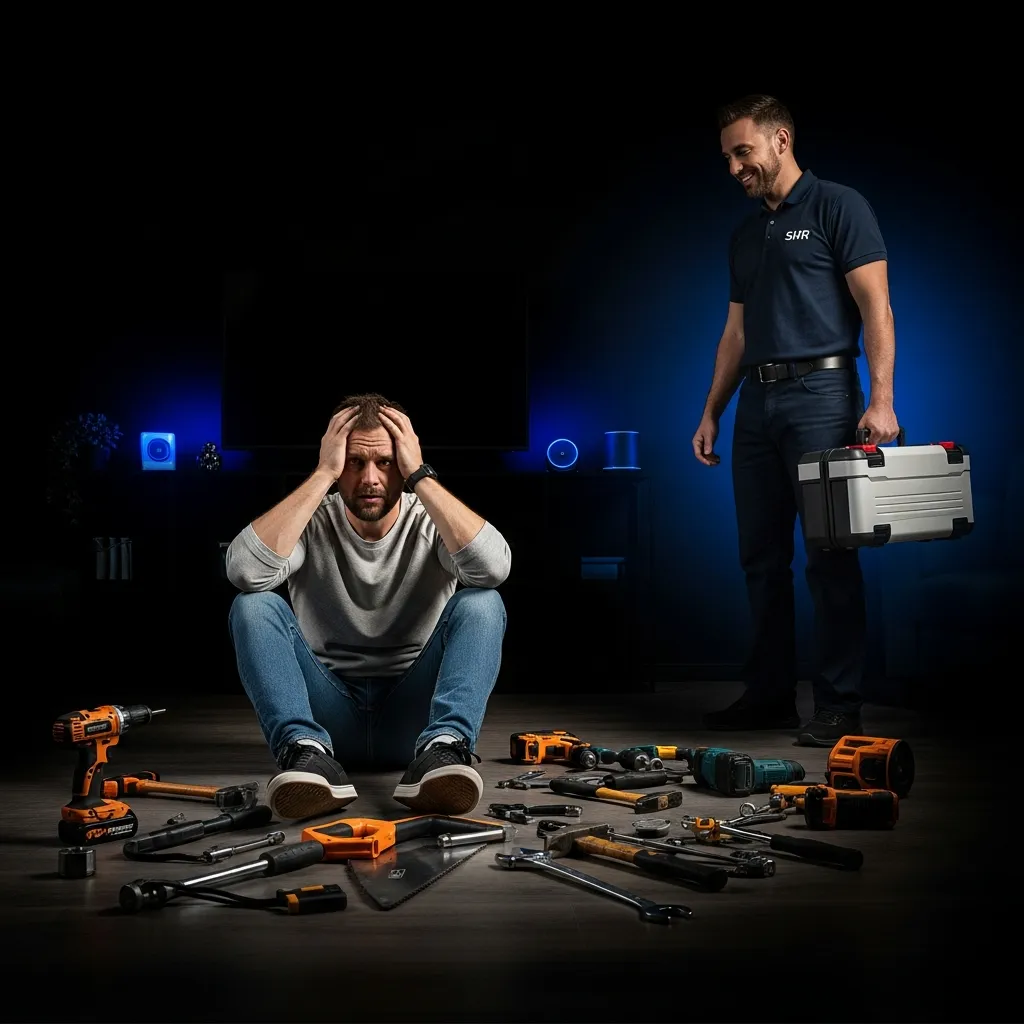 Overwhelmed homeowner with power tools being helped by Smart Home Repair technician.