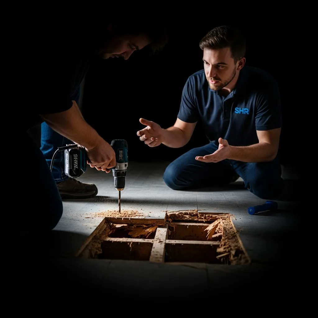 Smart Home Repair technician assisting with subfloor repair in Athens, GA