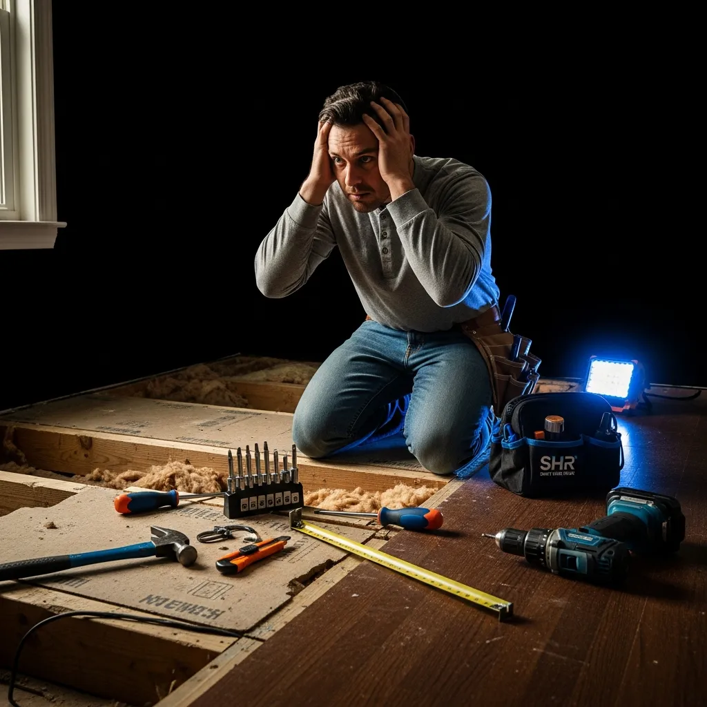 Overwhelmed homeowner looking at damaged subfloor in Athens, GA.
