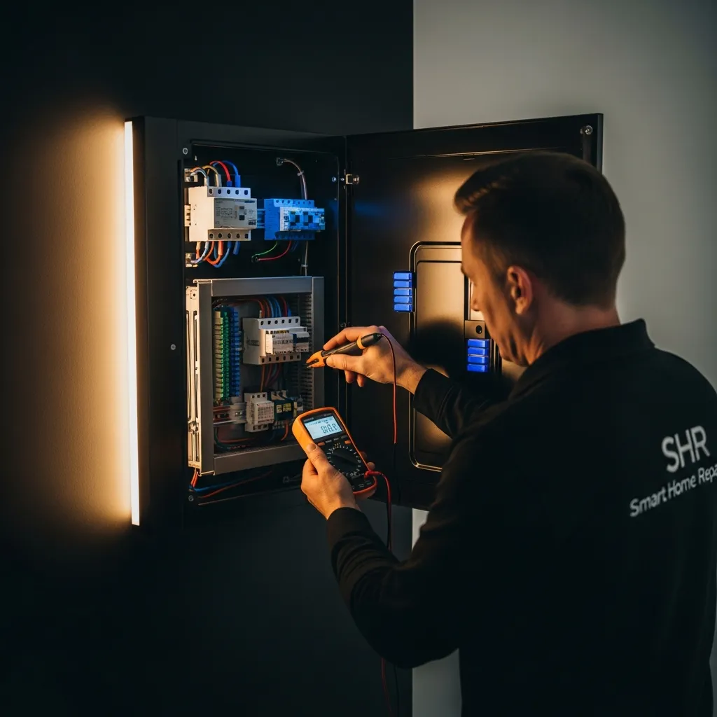 Smart Home Repair electrician installing a smart electrical panel in an Athens, GA home.