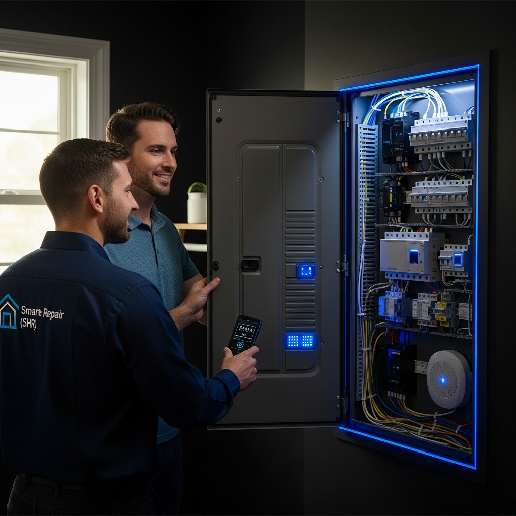 Smart Home Repair electrician inspecting a smart electrical panel in Athens, GA