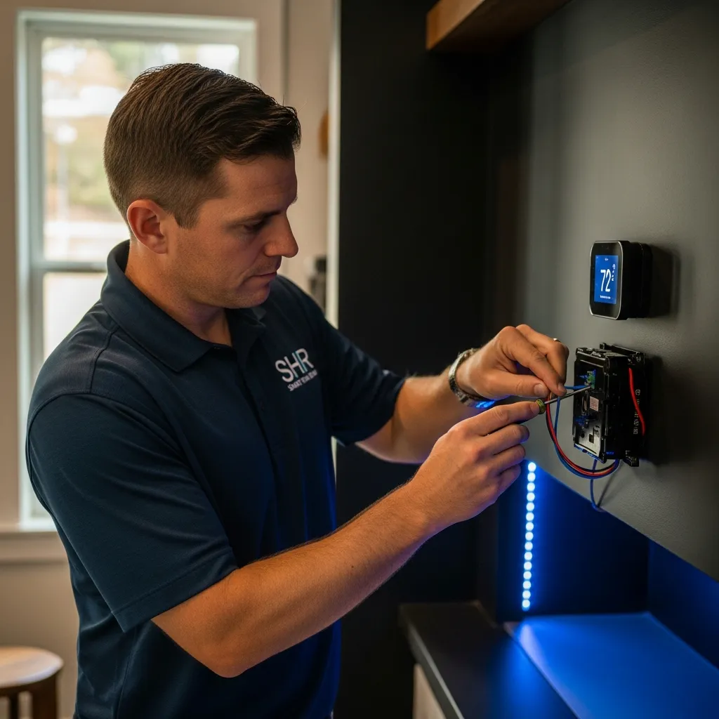Smart Home Repair expert installing a smart thermostat in an Athens, GA home.