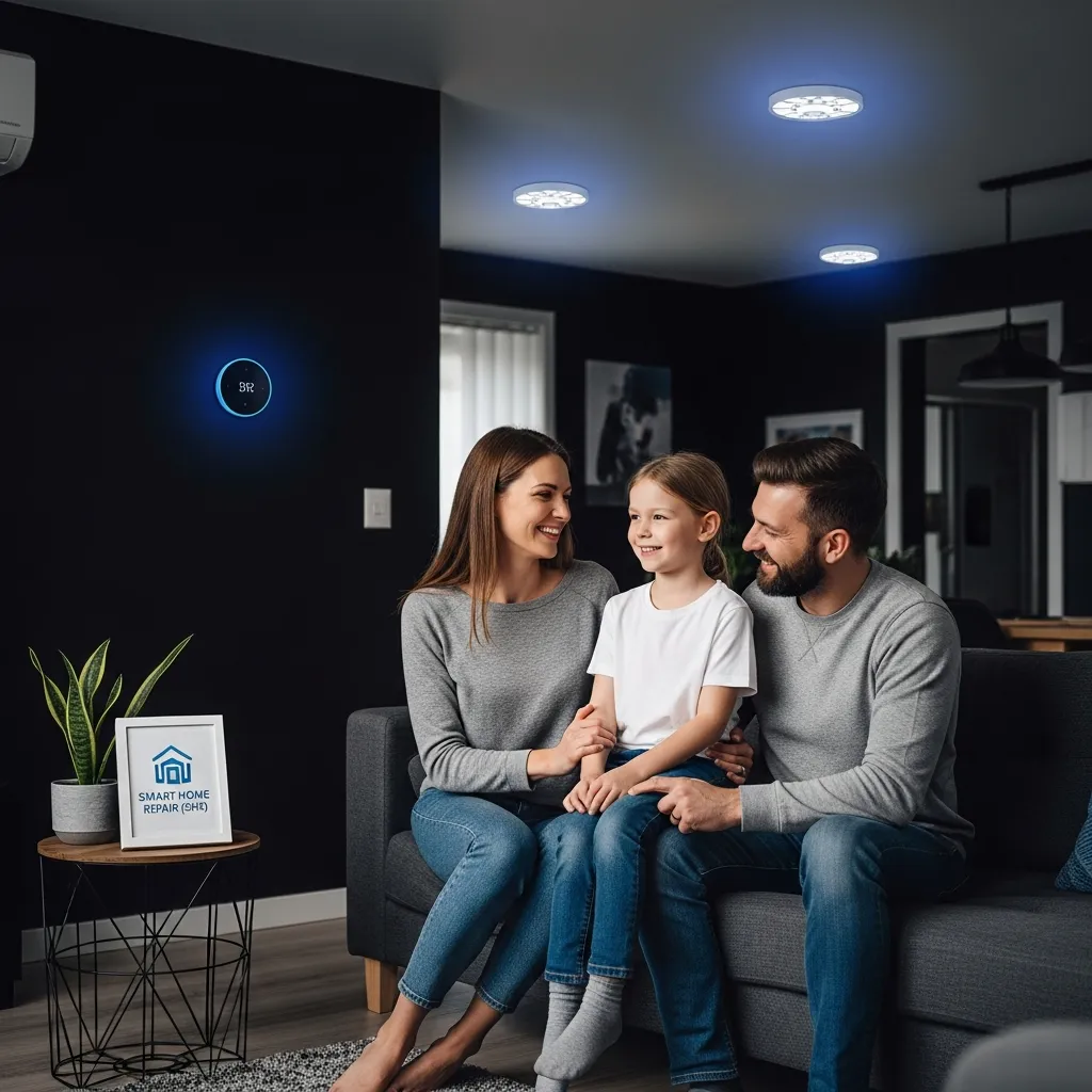 Smart Home Repair logo over a modern home with connected smart devices in Athens, GA.