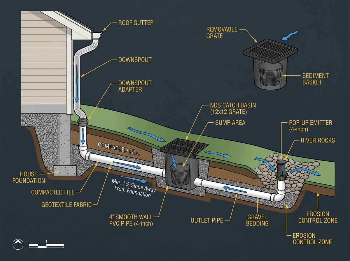 Catch Basins and Downspout Piped Runoff Diagram